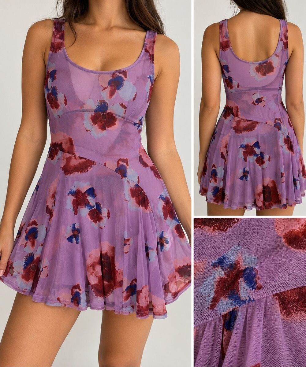 Free People Floral Mesh Mini Dress M Purple Y2K Fairy Grunge Sheer